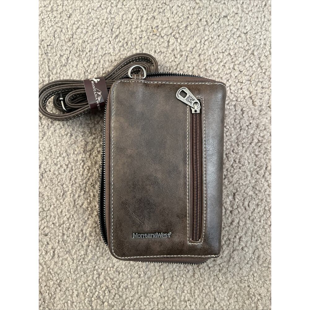 New Montana West Crossbody Womens Brown Tooled Phone Wallet Purse Western Travel - Picture 5 of 5